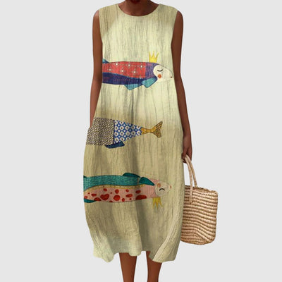 Orla | Women's Vintage Fish Art Print Sleeveless Pocket Wrap Dress